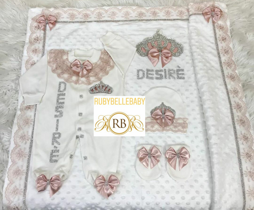 4pcs Princess Crown Blanket Set - Blush/Silver/Gold