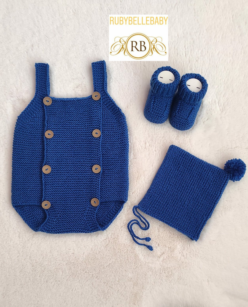 3pcs Organic Handmade Knitted Romper Set - Blue