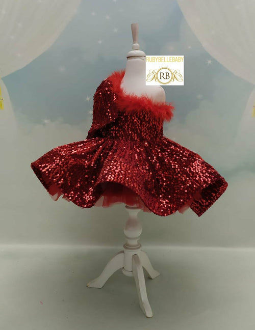 Janelle One Shoulder Fur Dress - Red