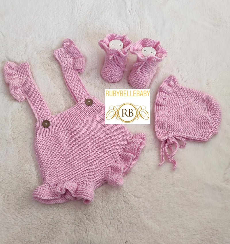 3pcs Organic Handmade Knitted Romper Set - Light Pink