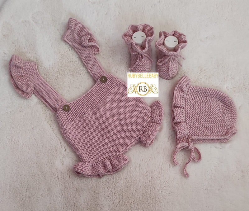 3pcs Organic Handmade Knitted Romper Set - Blush Pink