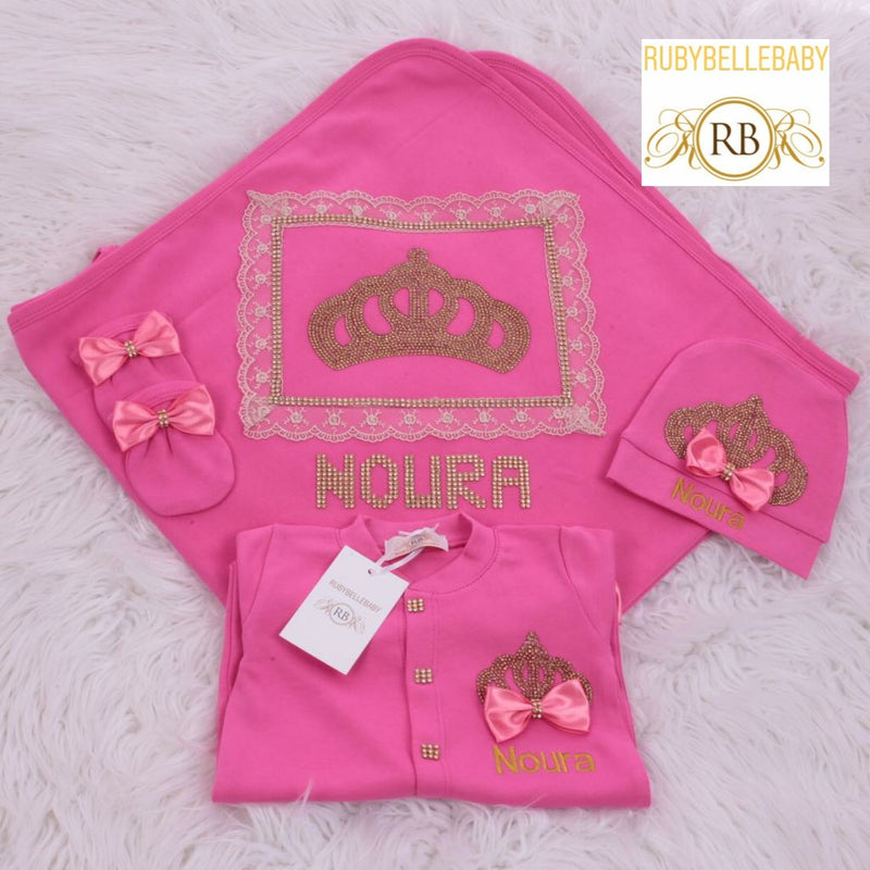4pcs Princess Crown Blanket Set - Hot Pink