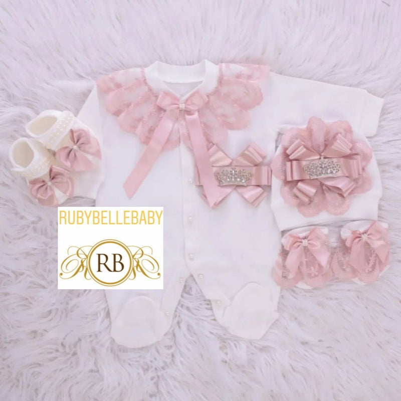 4pcs Rosette Bling Baby Girl Outfit Set - Blush