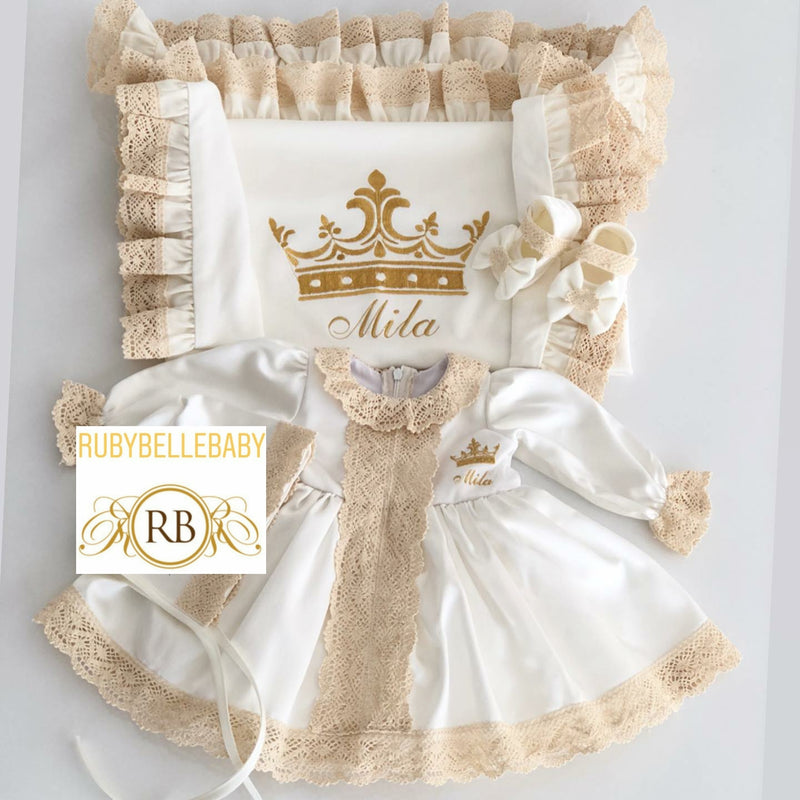 Fiona Lee Vintage Baby Girl Dress - White/Gold