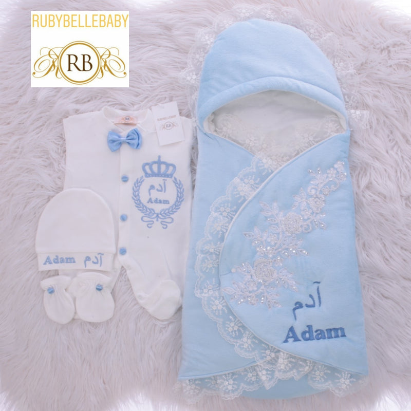 4pcs Newborn Baby Romper Swaddle Set - Blue