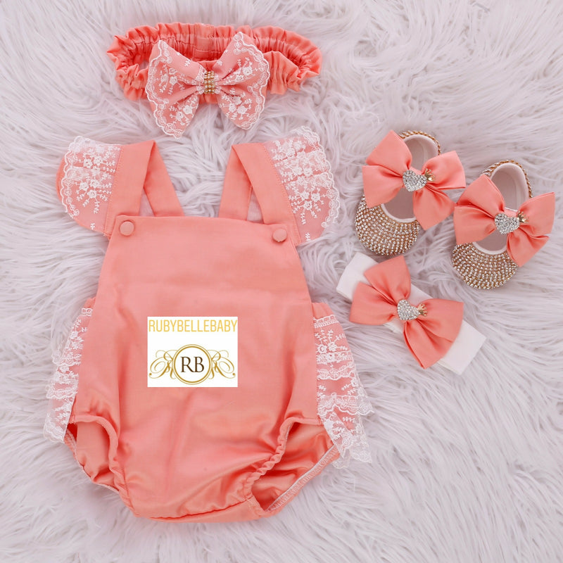 4pcs Ava Romper and Bling Baby Girl Shoe Set - Peach