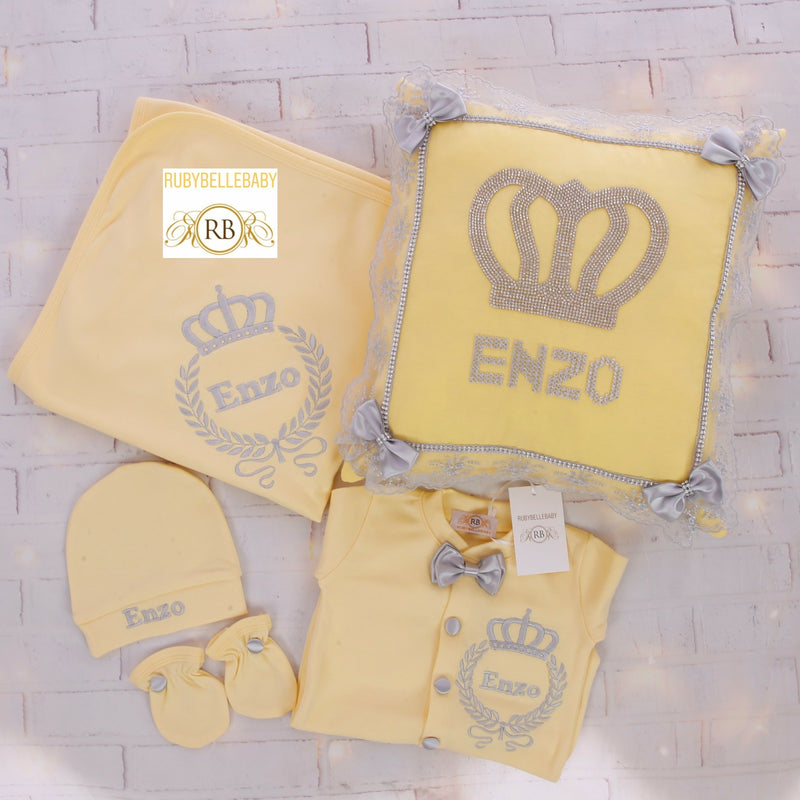5pcs Embriodery Crown Blanket Set - Yellow/Grey