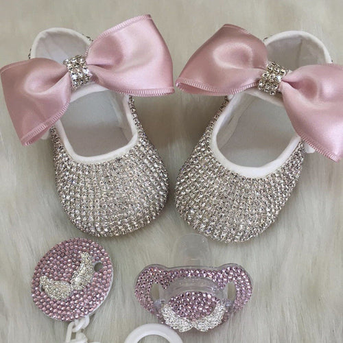 Bling Baby Girl Bow Shoe Pacifier Set - Light Pink