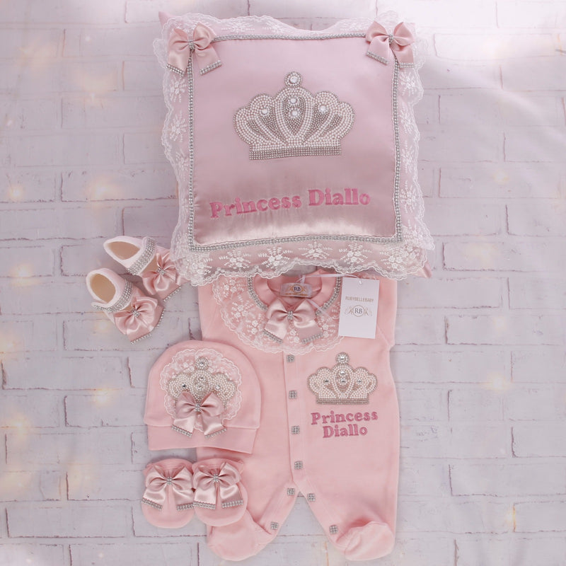 5pcs Jeweled Crown Velvet Pillow Set - Blush