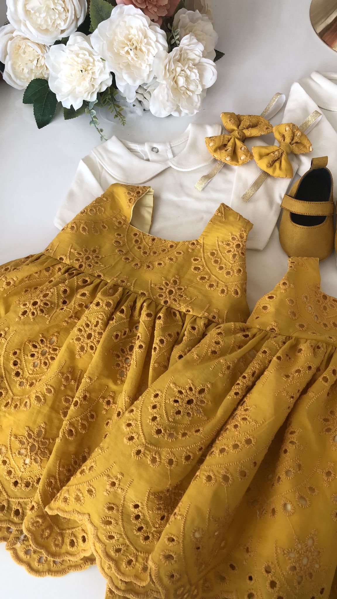 Mustard Newborn Baby Girl Eyelet Dress Set Newborn