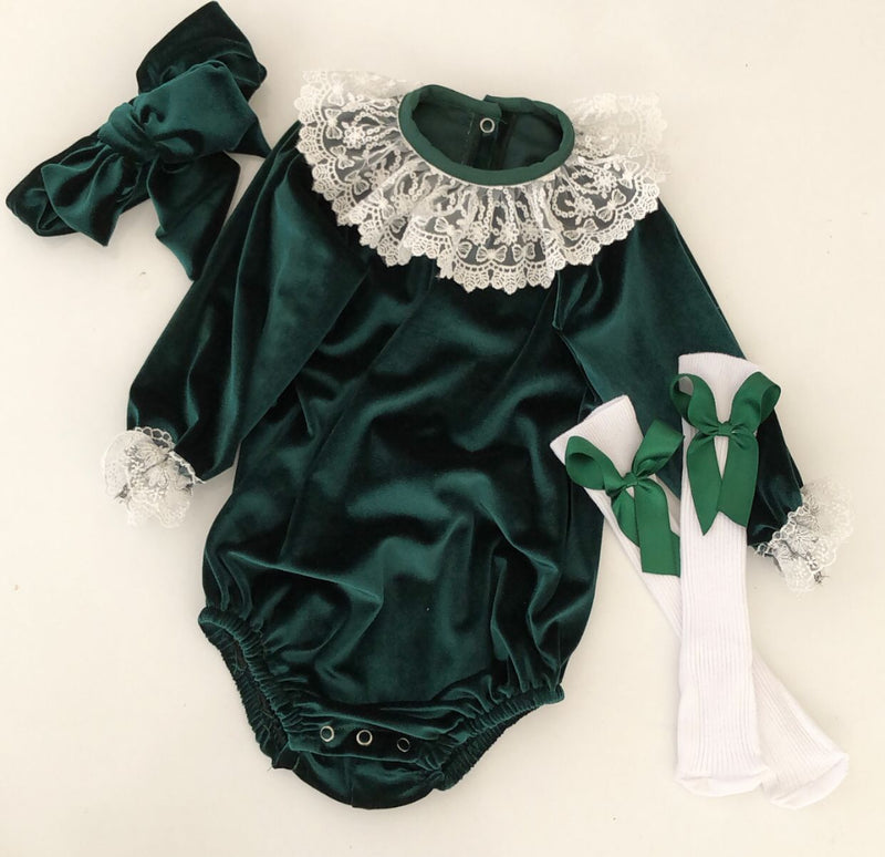 Auburn Velvet Romper Socks Set - Emerald Green