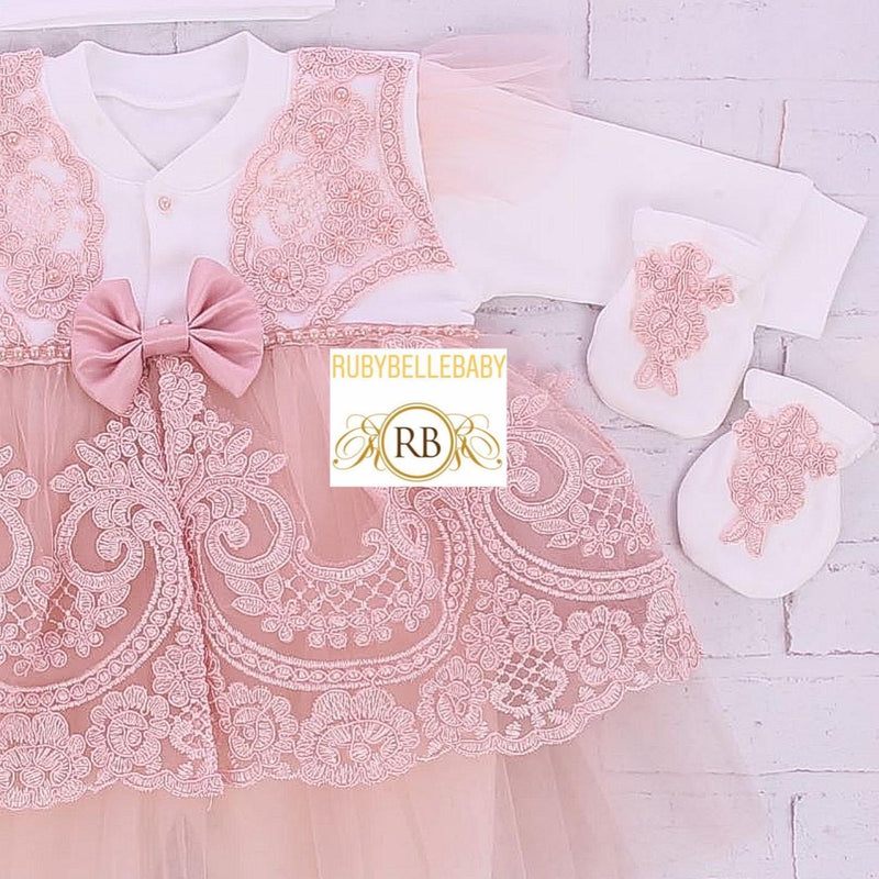 4pcs Ellie Newborn Baby Girl Lace Dress Set - More Colors