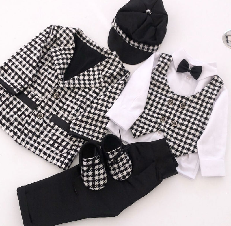 7pcs Gingham Boys Suit Set - Black/White