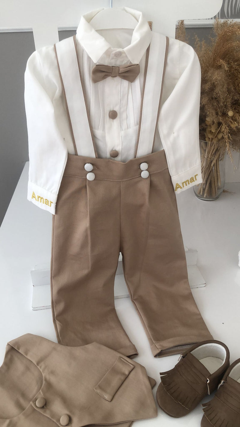 Alan Suspender and Vest Set - White/Brown