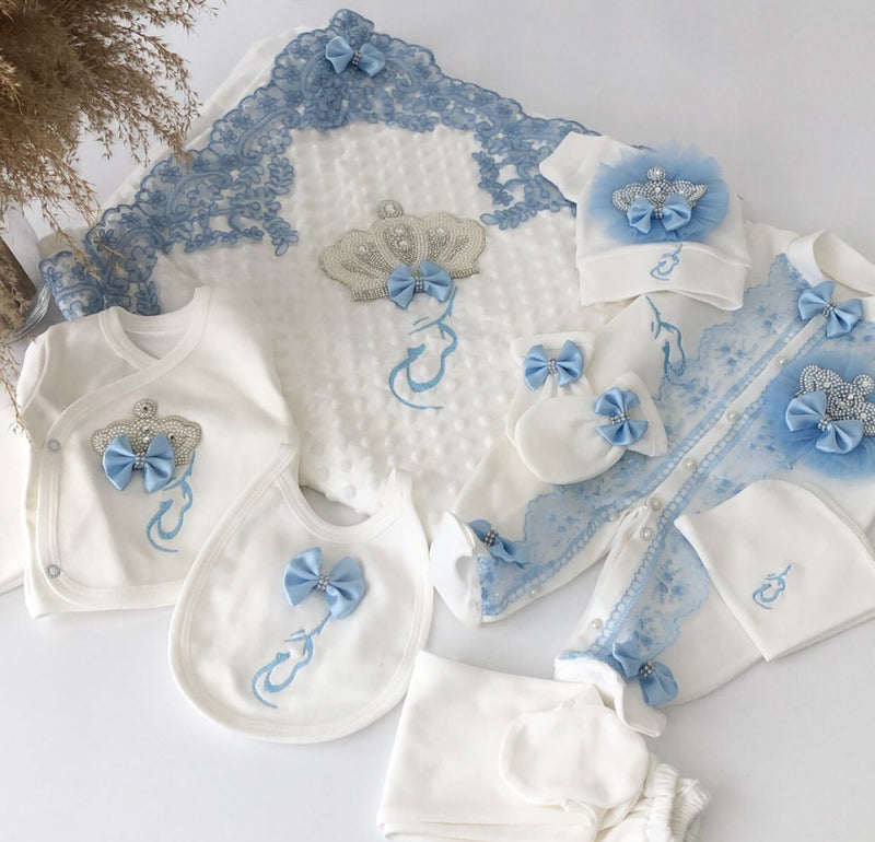10pcs Newborn Baby Boy Outfit - White/Blue