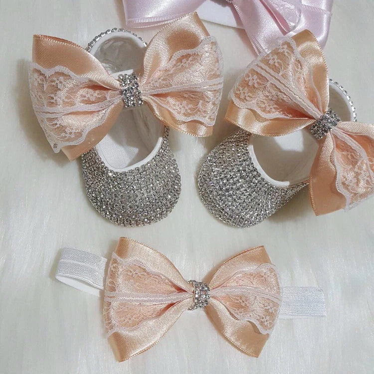 Bling Baby Girl Lace Bow Shoe Set