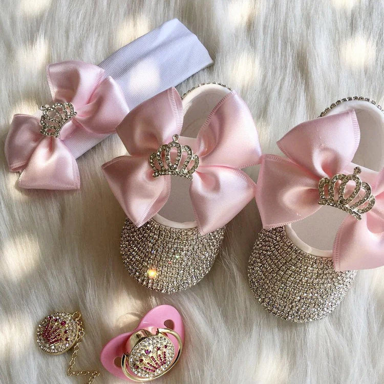 Bling Baby Girl Crown Shoe Pacifier Set - Light Pink