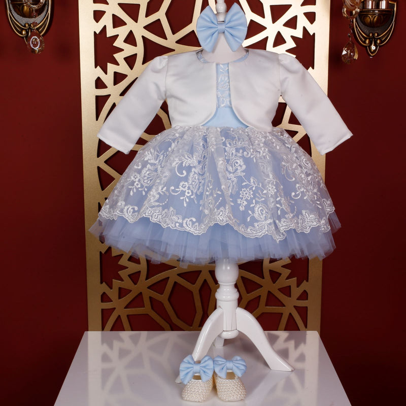 Giselle Blue Girl Party Jacket Dress - White/Blue