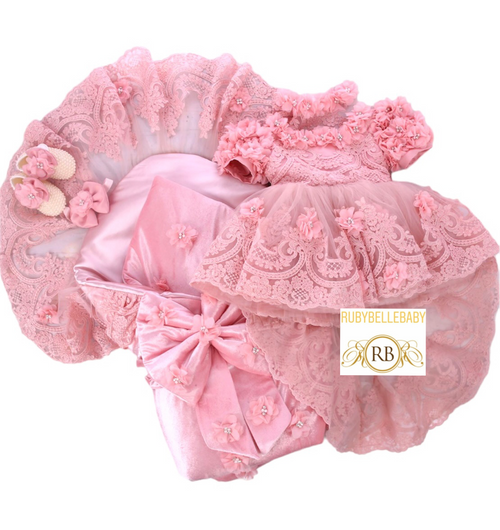 Dainty Daisy Rosy Shoulders Dress and Swaddle Set - Blush