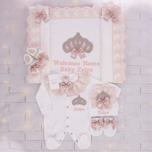 5pcs Princess Crown Blanket Set - Blush/Silver