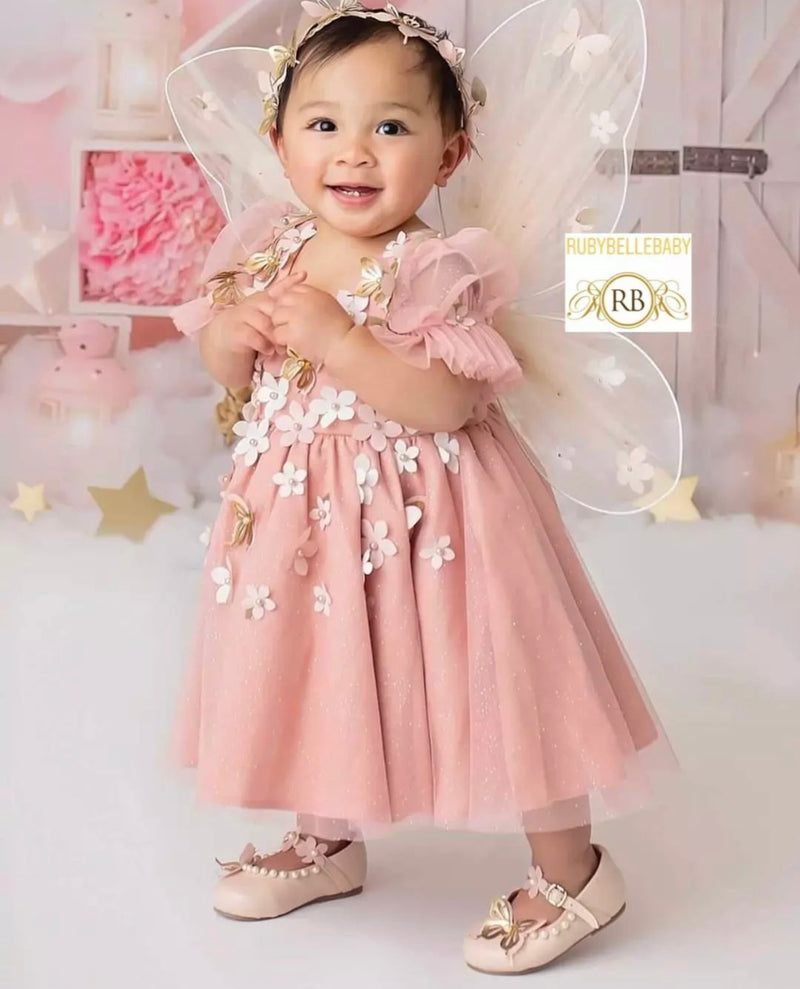 Blush Garden Fairy Baby Girl Dress Set Butterfly & Flower Appliqu w RUBYBELLEBABY Blush Garden Fairy Baby Girl Dress Set Butterfly & Flower Appliqu w RUBYBELLEBABY