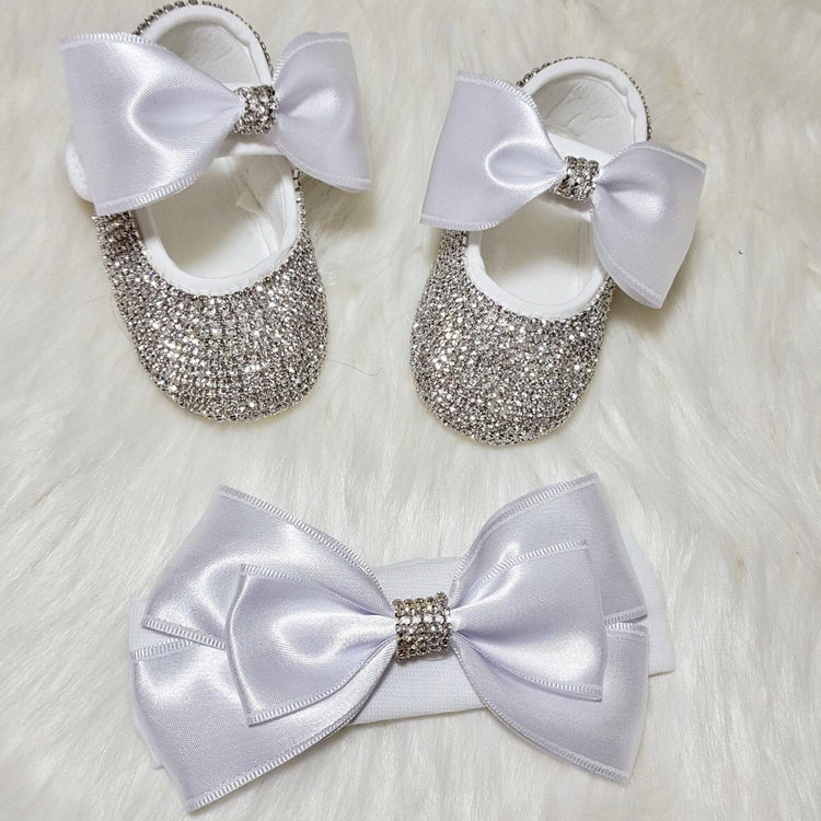 Bling Baby Girl Double Bow Shoe Set - White
