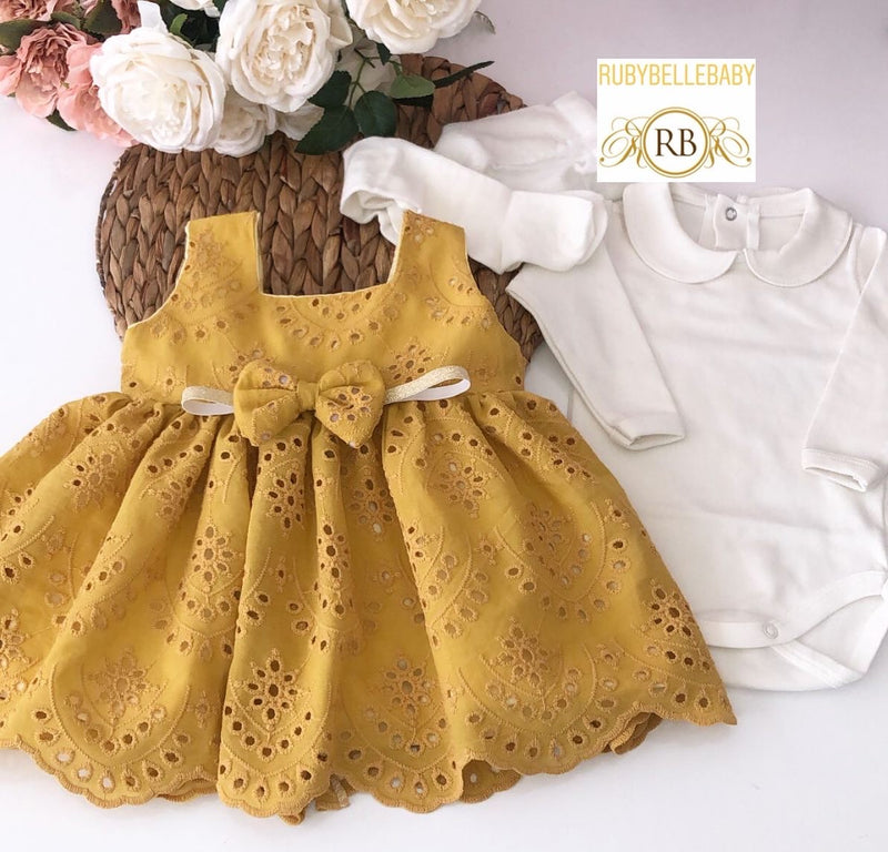 Mustard Newborn Baby Girl Eyelet Dress Set RUBYBELLEBABY Mustard Newborn Baby Girl Eyelet Dress Set RUBYBELLEBABY