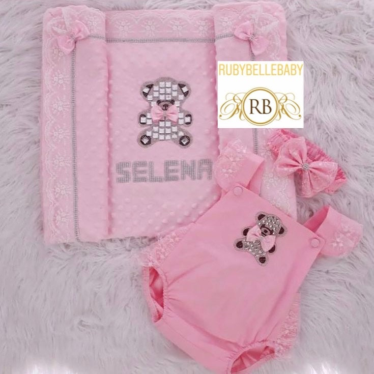 3pcs Ava Romper Teddy Bear Blanket Set - Pink