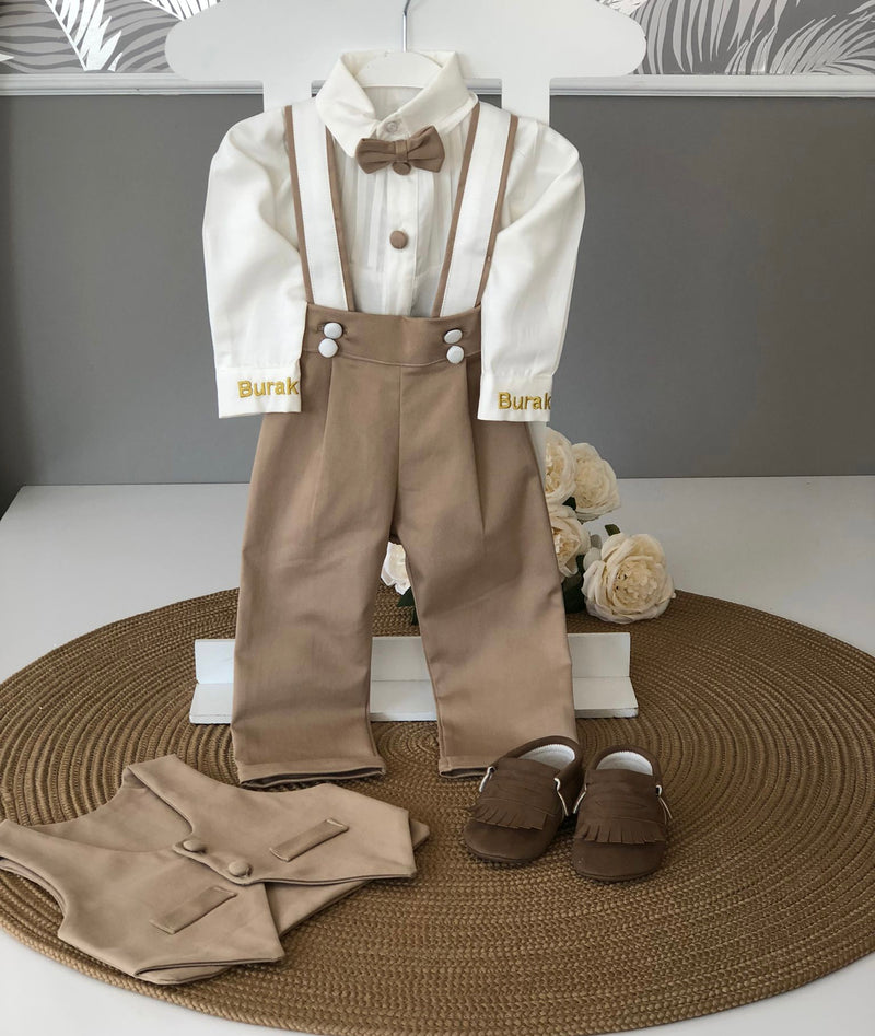 Alan Suspender and Vest Set - White/Brown 4T Alan Suspender and Vest Set - White/Brown 4T