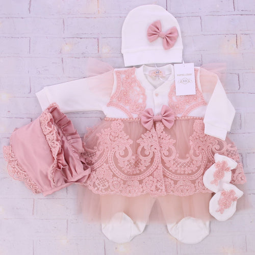 4pcs Ellie Newborn Baby Girl Lace Dress Set - More Colors