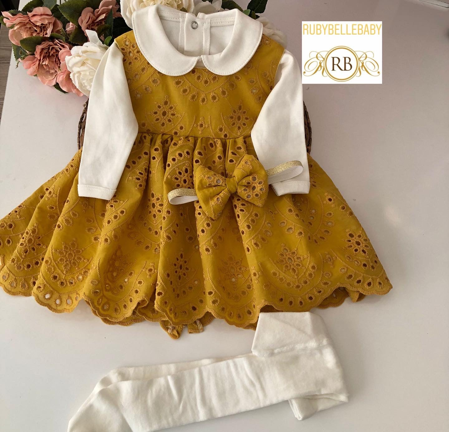 Mustard Newborn Baby Girl Eyelet Dress Set Newborn Mustard Newborn Baby Girl Eyelet Dress Set Newborn