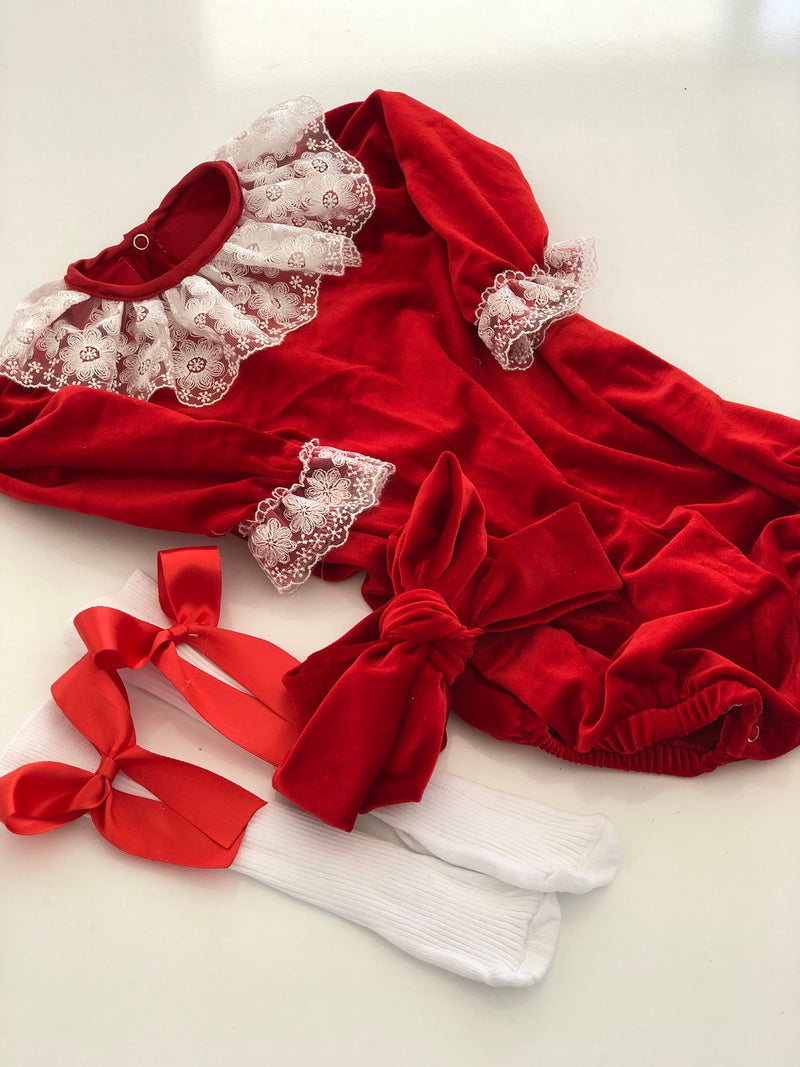 Auburn Velvet Romper Socks Set - Red