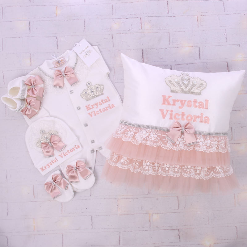 5pcs Jeweled Crown Ruffle Pillow Set - White/Blush