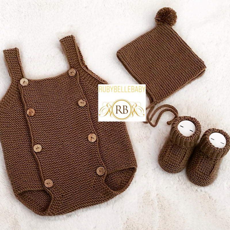 3pcs Organic Handmade Knitted Romper Set - Brown