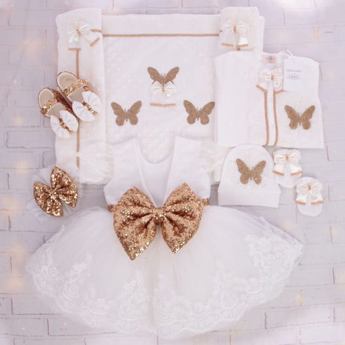 7pcs Zillow Butterfly Dress and Shoe Set - Gold