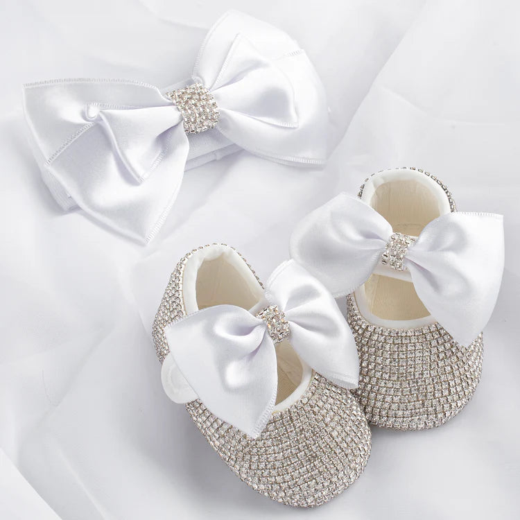 Bling Baby Girl Bow Shoe Set - White